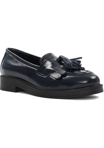 Kadın Lacivert Püsküllü Rugan Deri Loafer modelleri