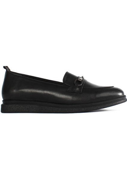 Kadın Siyah Tokalı Deri Loafer