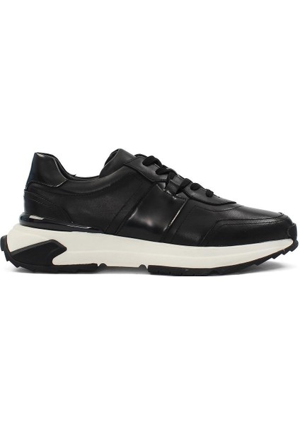 Erkek Siyah Bağcıklı Kalın Tabanlı Deri Sneaker