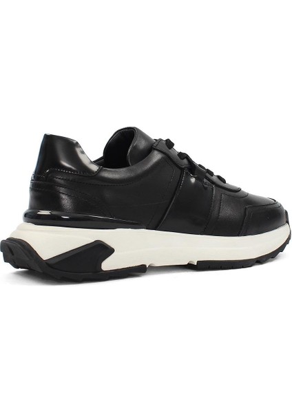 Erkek Siyah Bağcıklı Kalın Tabanlı Deri Sneaker