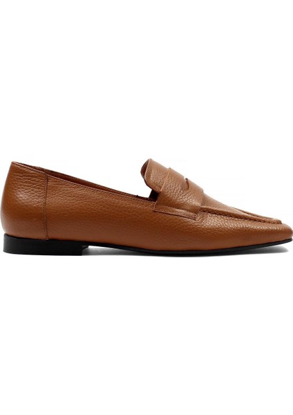 Kadın Taba Küt Burunlu Deri Loafer