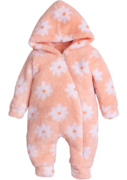 Kışlık Tatlı Peluş Kapüşonlu Çiçek Desenli Bebek Çocuk Welsoft Tulum