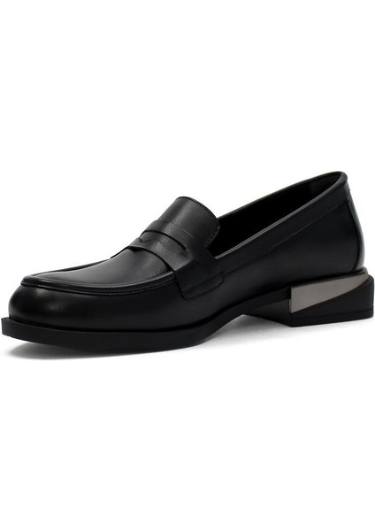 Kadın Siyah Kalın Topuklu Deri Loafer