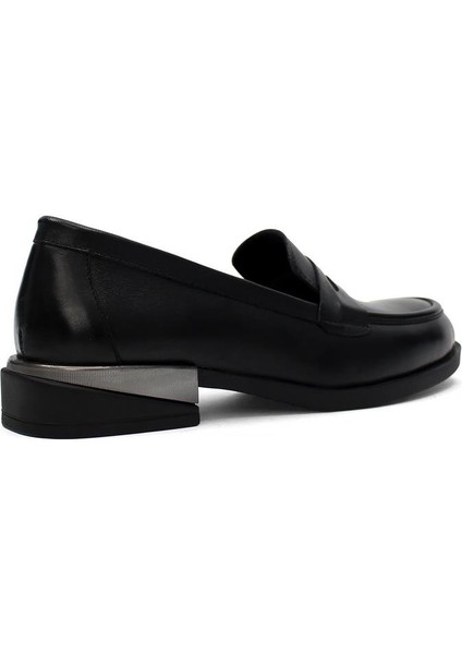 Kadın Siyah Kalın Topuklu Deri Loafer