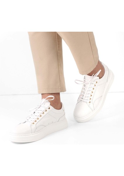 Erkek Beyaz Bağcıklı Kalın Tabanlı Deri Sneaker