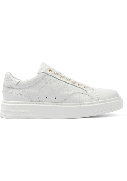 Erkek Beyaz Bağcıklı Kalın Tabanlı Deri Sneaker
