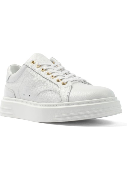 Erkek Beyaz Bağcıklı Kalın Tabanlı Deri Sneaker