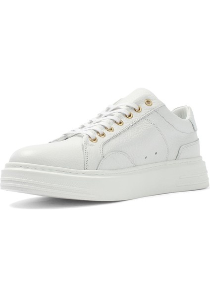 Erkek Beyaz Bağcıklı Kalın Tabanlı Deri Sneaker