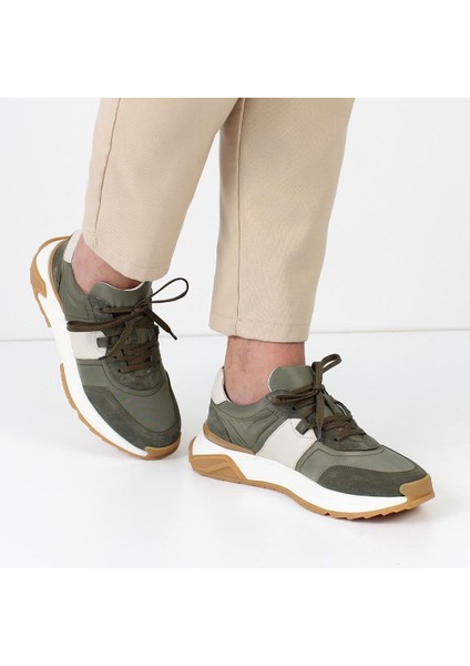 Erkek Yeşil Bağcıklı Kalın Tabanlı Süet Deri Sneaker