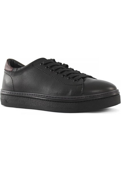 Erkek Siyah Bağcıklı Kalın Tabanlı Deri Sneaker