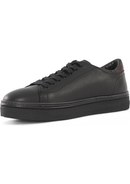 Erkek Siyah Bağcıklı Kalın Tabanlı Deri Sneaker