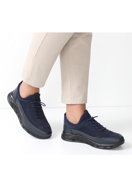 Erkek Lacivert Bağcıklı Kalın Tabanlı Nubuk Deri Sneaker