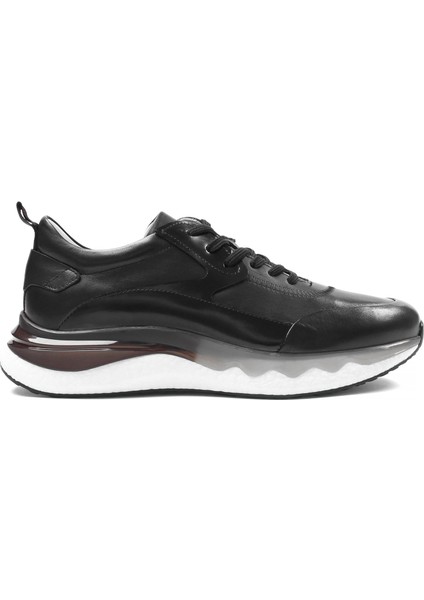 Erkek Siyah Bağcıklı Kalın Tabanlı Deri Sneaker
