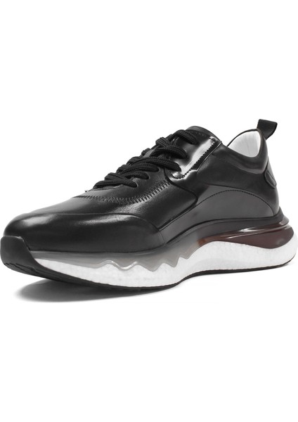 Erkek Siyah Bağcıklı Kalın Tabanlı Deri Sneaker