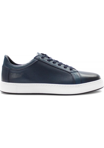Erkek Lacivert Bağcıklı Kalın Tabanlı Deri Sneaker