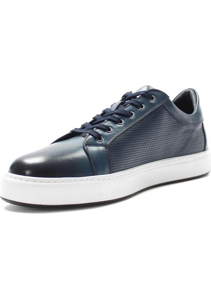 Erkek Lacivert Bağcıklı Kalın Tabanlı Deri Sneaker