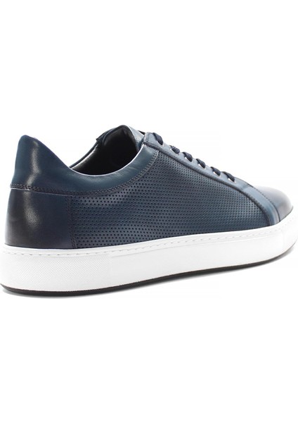Erkek Lacivert Bağcıklı Kalın Tabanlı Deri Sneaker