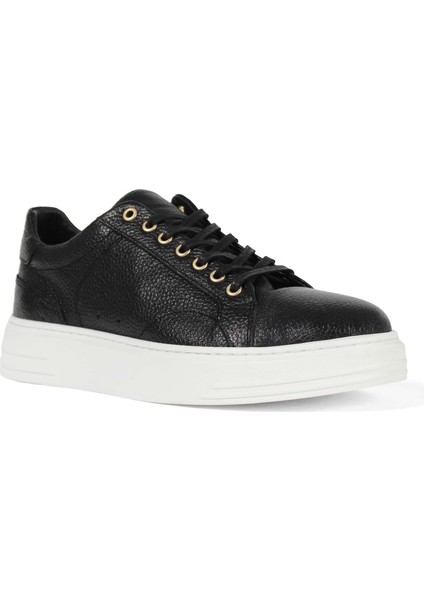 Erkek Siyah Bağcıklı Kalın Tabanlı Deri Sneaker