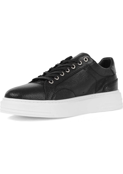 Erkek Siyah Bağcıklı Kalın Tabanlı Deri Sneaker