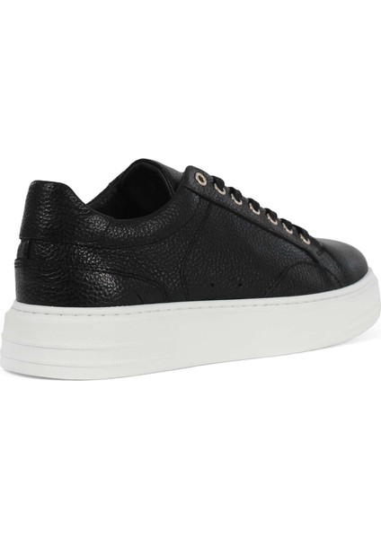 Erkek Siyah Bağcıklı Kalın Tabanlı Deri Sneaker