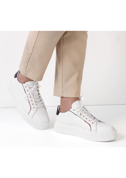 Erkek Beyaz Bağcıklı Kalın Tabanlı Deri Sneaker