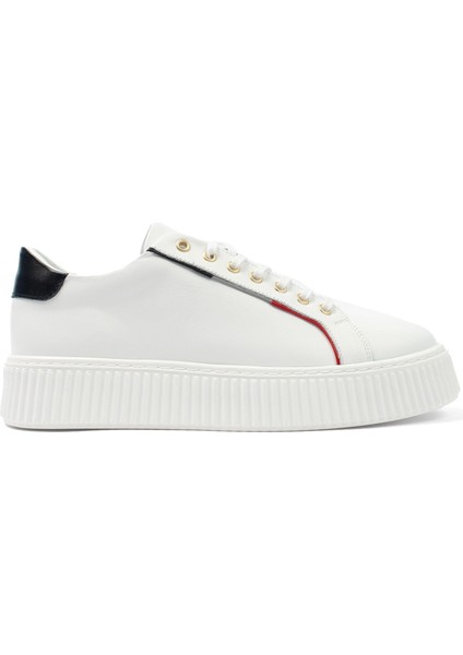 Erkek Beyaz Bağcıklı Kalın Tabanlı Deri Sneaker