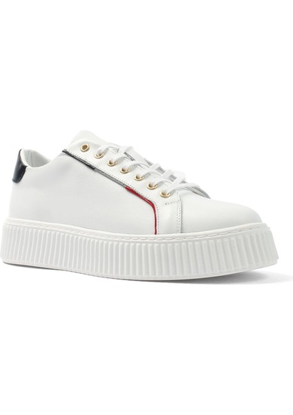 Erkek Beyaz Bağcıklı Kalın Tabanlı Deri Sneaker