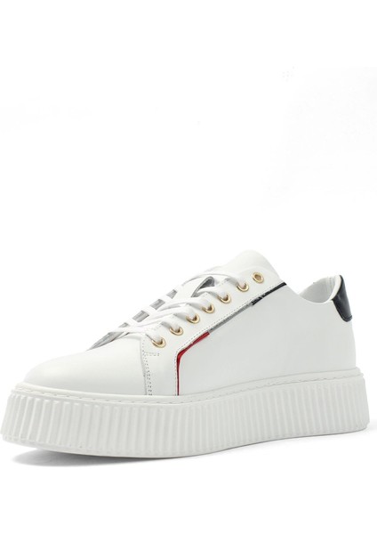 Erkek Beyaz Bağcıklı Kalın Tabanlı Deri Sneaker