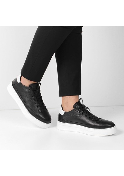 Erkek Siyah Bağcıklı Kalın Tabanlı Deri Sneaker
