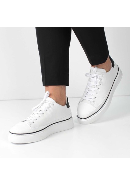 Erkek Beyaz Bağcıklı Kalın Tabanlı Deri Sneaker
