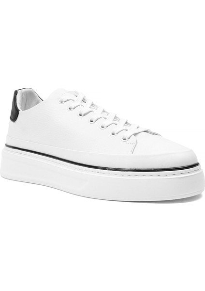 Erkek Beyaz Bağcıklı Kalın Tabanlı Deri Sneaker