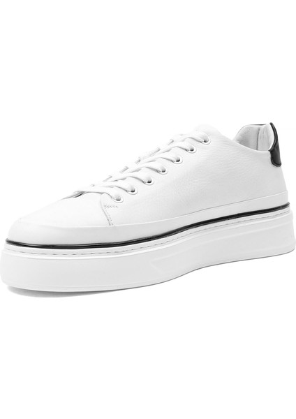 Erkek Beyaz Bağcıklı Kalın Tabanlı Deri Sneaker