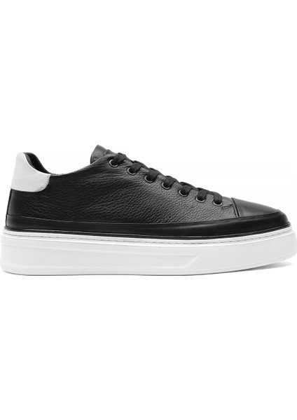 Erkek Siyah Bağcıklı Kalın Tabanlı Deri Sneaker