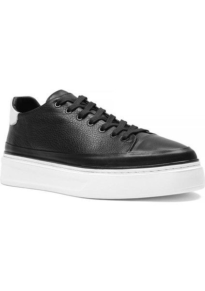 Erkek Siyah Bağcıklı Kalın Tabanlı Deri Sneaker