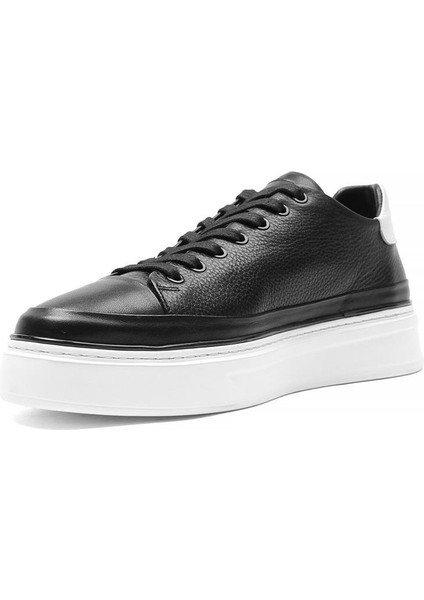 Erkek Siyah Bağcıklı Kalın Tabanlı Deri Sneaker