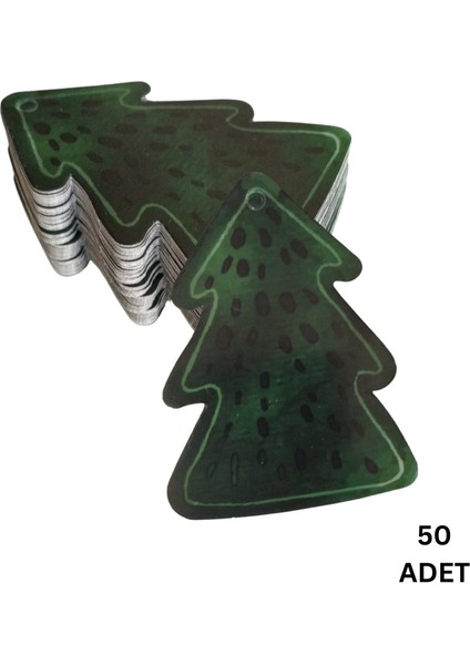 Yılbaşı Çam Ağacı Tasarımlı Hediye Etiketi, Delikli Yeniyıl Paketleme Kartı, 50 Adet, 5,5 x 8 cm