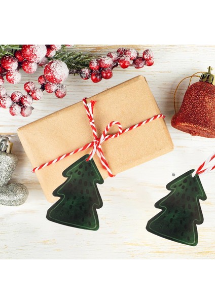 Yılbaşı Çam Ağacı Tasarımlı Hediye Etiketi, Delikli Yeniyıl Paketleme Kartı, 50 Adet, 5,5 x 8 cm