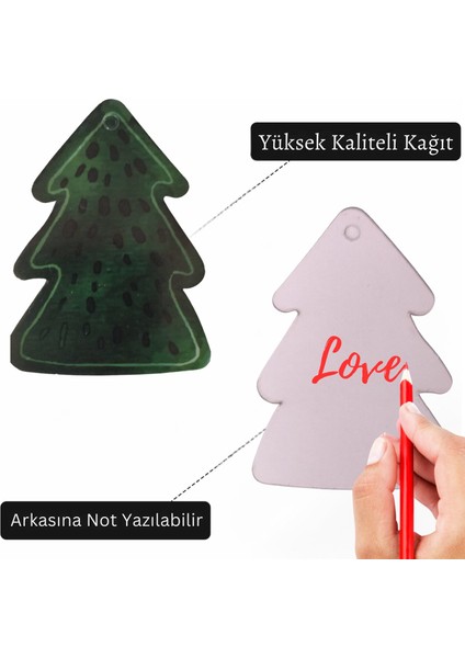Yılbaşı Çam Ağacı Tasarımlı Hediye Etiketi, Delikli Yeniyıl Paketleme Kartı, 50 Adet, 5,5 x 8 cm