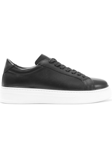 Erkek Siyah Bağcıklı Kalın Tabanlı Deri Sneaker