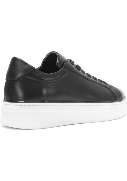 Erkek Siyah Bağcıklı Kalın Tabanlı Deri Sneaker