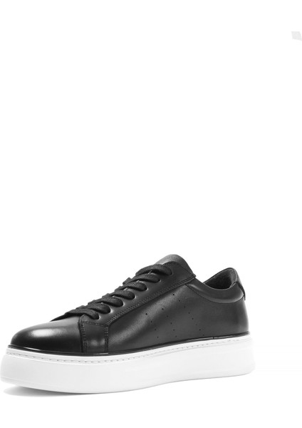Erkek Siyah Bağcıklı Kalın Tabanlı Deri Sneaker