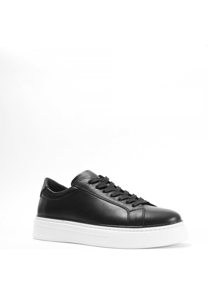 Erkek Siyah Bağcıklı Kalın Tabanlı Deri Sneaker