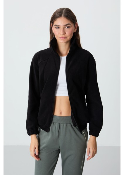 Siyah Kalın Yumuşak Dokulu Dik Yaka Oversize Nakışlı Polar Kadın Sweatshirt - 97293