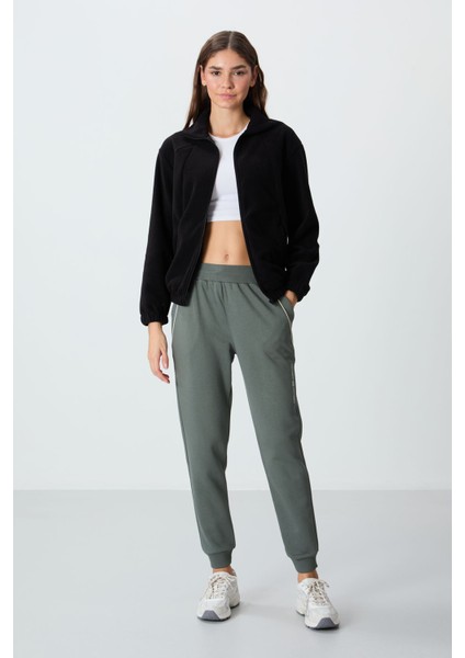 Siyah Kalın Yumuşak Dokulu Dik Yaka Oversize Nakışlı Polar Kadın Sweatshirt - 97293