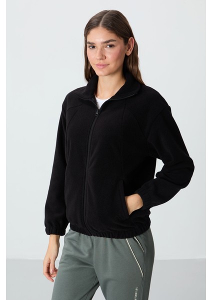 Siyah Kalın Yumuşak Dokulu Dik Yaka Oversize Nakışlı Polar Kadın Sweatshirt - 97293