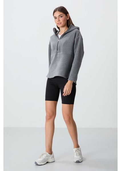 Gri Melanj Kalın Yumuşak Dokulu Kapüşonlu Oversize Nakışlı Polar Kadın Sweatshirt -97286 fiyatları