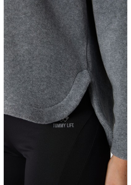 Gri Melanj Kalın Yumuşak Dokulu Kapüşonlu Oversize Nakışlı Polar Kadın Sweatshirt -97286 modelleri