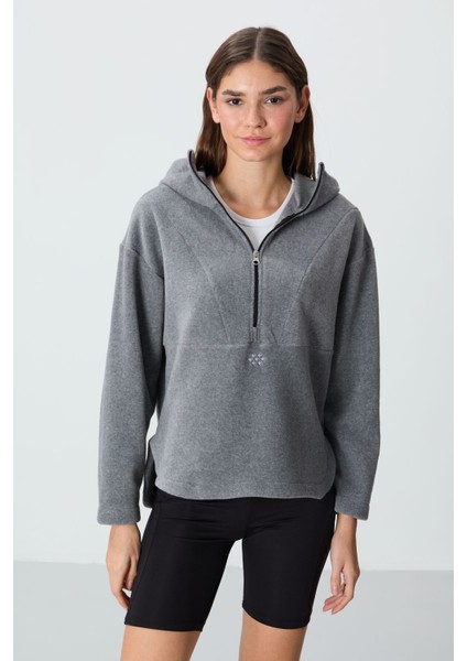 Gri Melanj Kalın Yumuşak Dokulu Kapüşonlu Oversize Nakışlı Polar Kadın Sweatshirt -97286
