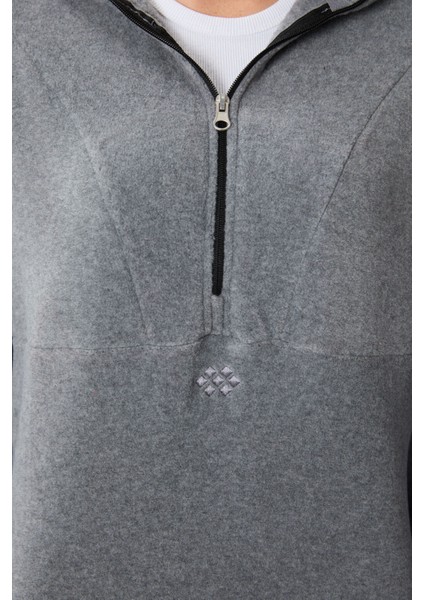 Gri Melanj Kalın Yumuşak Dokulu Kapüşonlu Oversize Nakışlı Polar Kadın Sweatshirt -97286