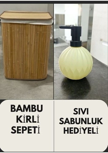 Bambu Katlanabilir Kirli Sepeti Cam Sıvı Sabunluk Hediyeli